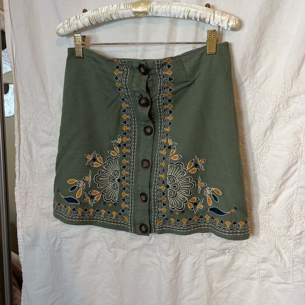 Blue Rain Francesca's Embroidered Button Front Mini Skirt Olive Green